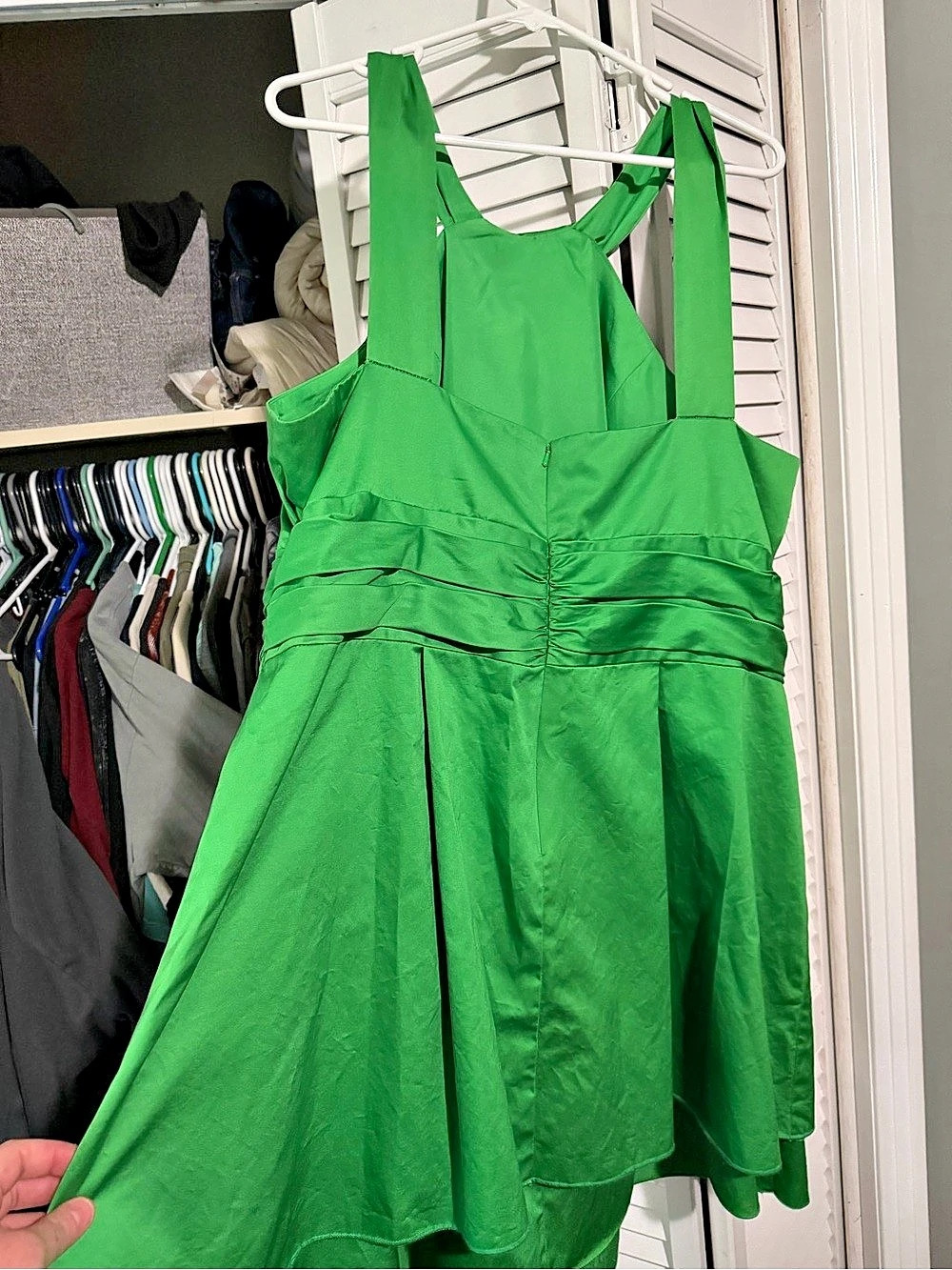 David's Bridal Short Cotton Dress with Y-Neck and Skirt Pleating Green Size 22